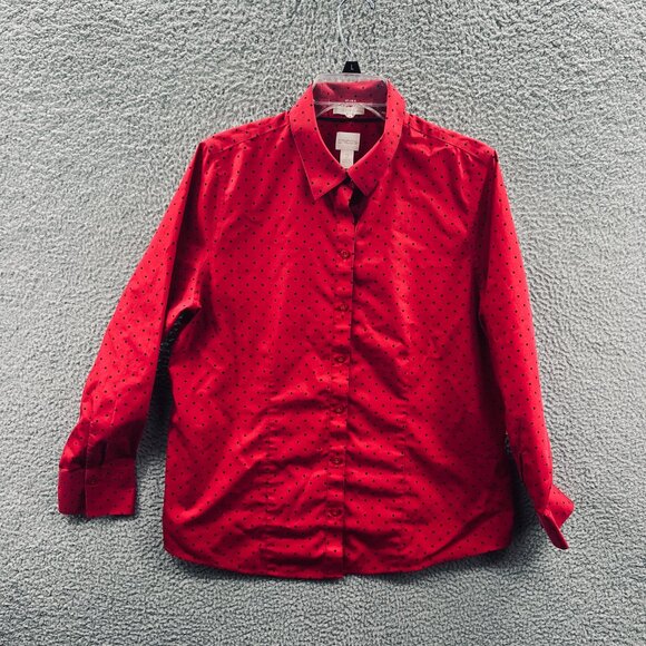 Chicos Women Top 2 Large‎ Red Polka Dot 100% Cotton Button Front No Iron Shirt - Picture 1 of 11